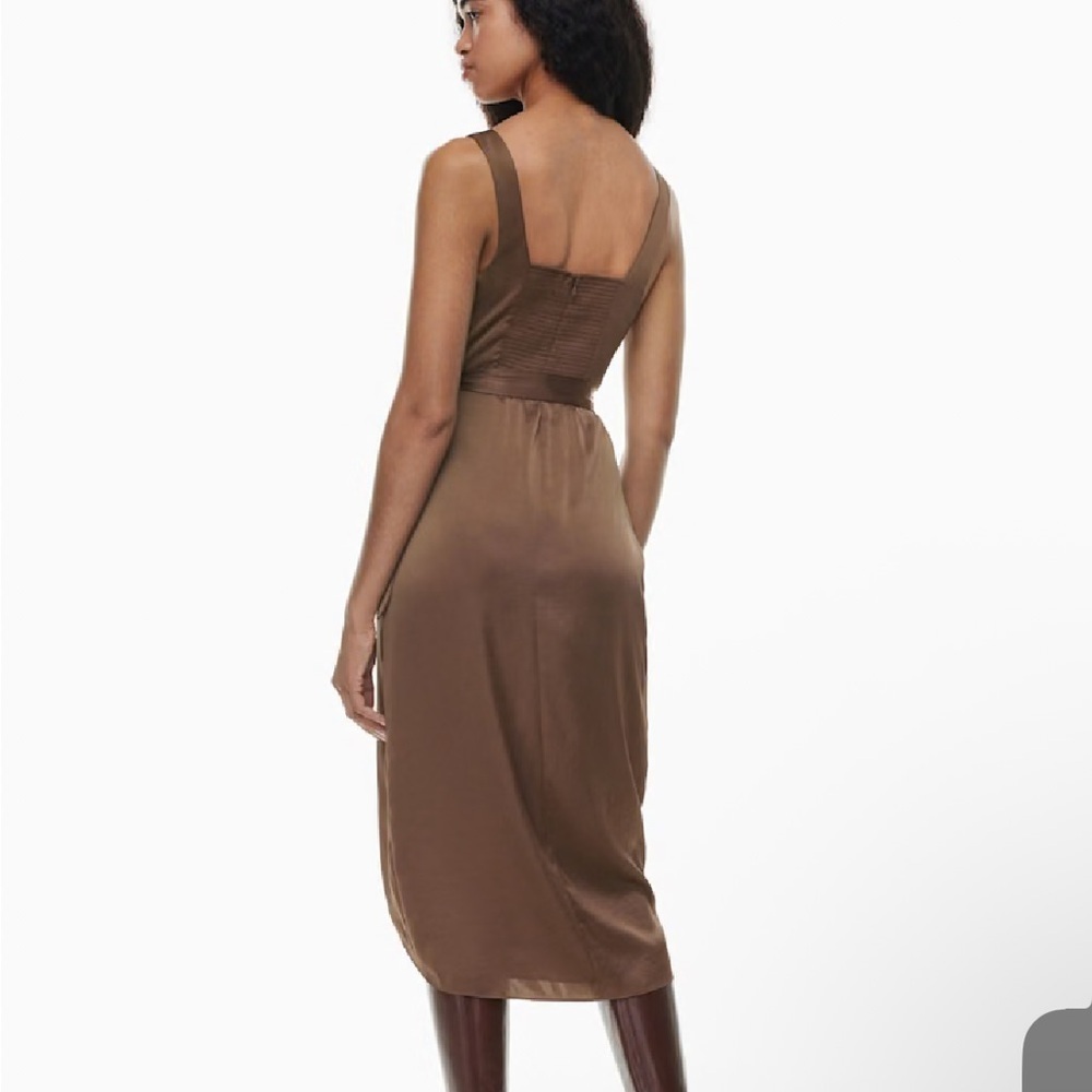 Wilfred Aritzia Size 2 Saturn Satin Midi Dress Cocoa Brown $128 Sleeveless Tie - Picture 12 of 14